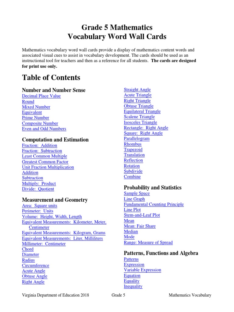 5th Grade Math Vocabulary Cards | PDF | Triangle | Elementary Geometry