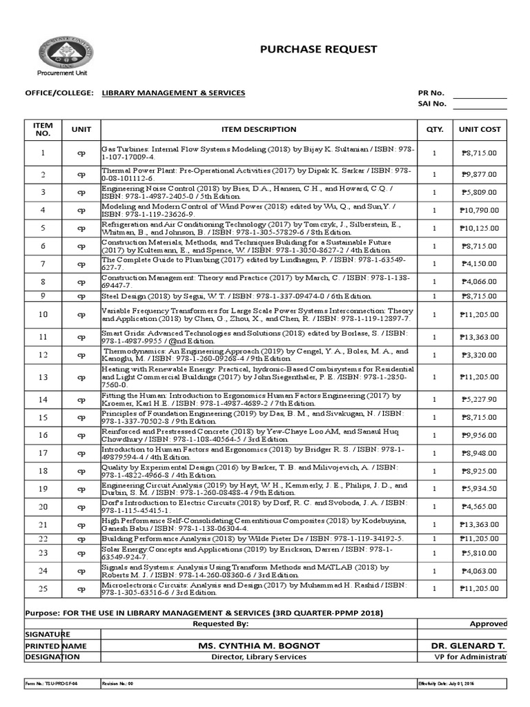 Library Procurement Request 2018 | PDF | Nature | Engineering