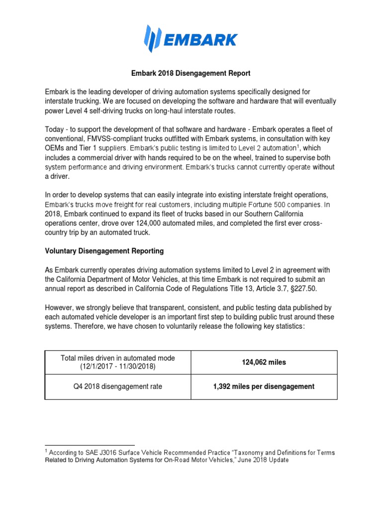 Embark Disengagement Report 2018 | PDF | Automation | Truck