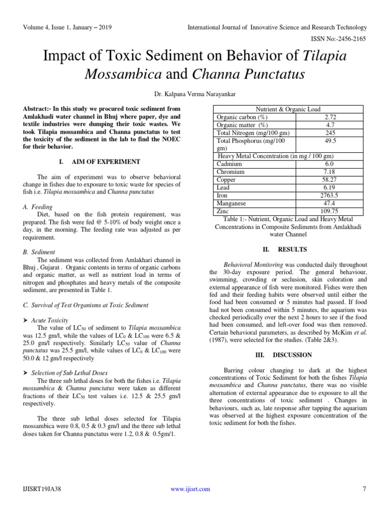 Impact of Toxic Sediment On Behavior of Tilapia Mossambica and Channa