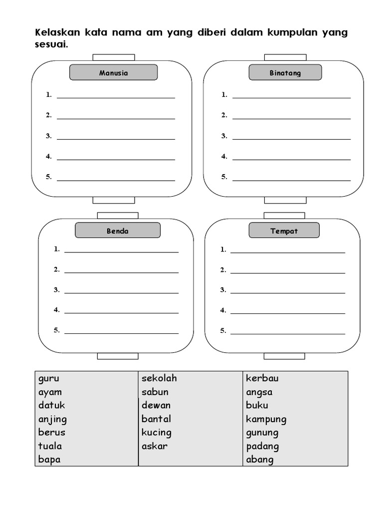 Kelaskan Kata Nama Am Yang Diberi Dalam Kumpulan Yang Sesuai Pdf