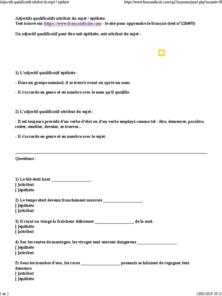 L adjectif Qualificatif épithète Et Attribut Exercices Cm1 Pdf Attribut Épithète | PDF | Adjectif | Sujet (Grammaire)