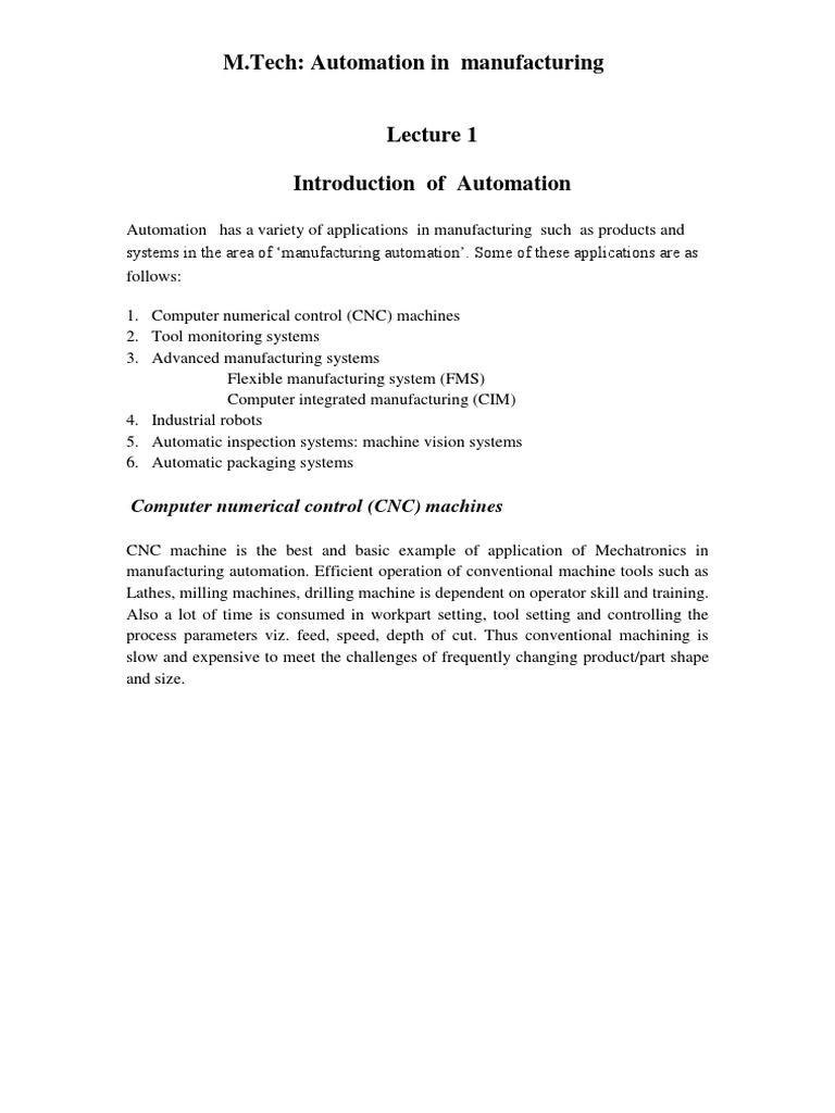 Automation in Manufacturing Overview | PDF | Control Theory | Numerical ...