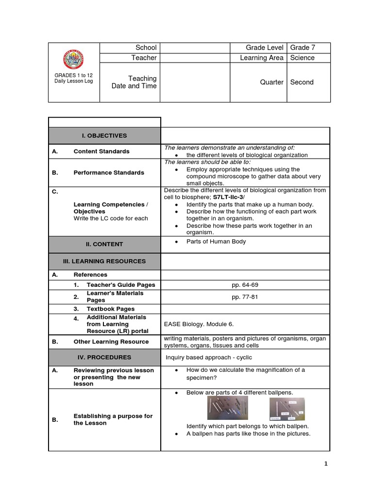 Grade 7 Science Daily Lesson Log | PDF | Organ (Anatomy) | Eukaryotes