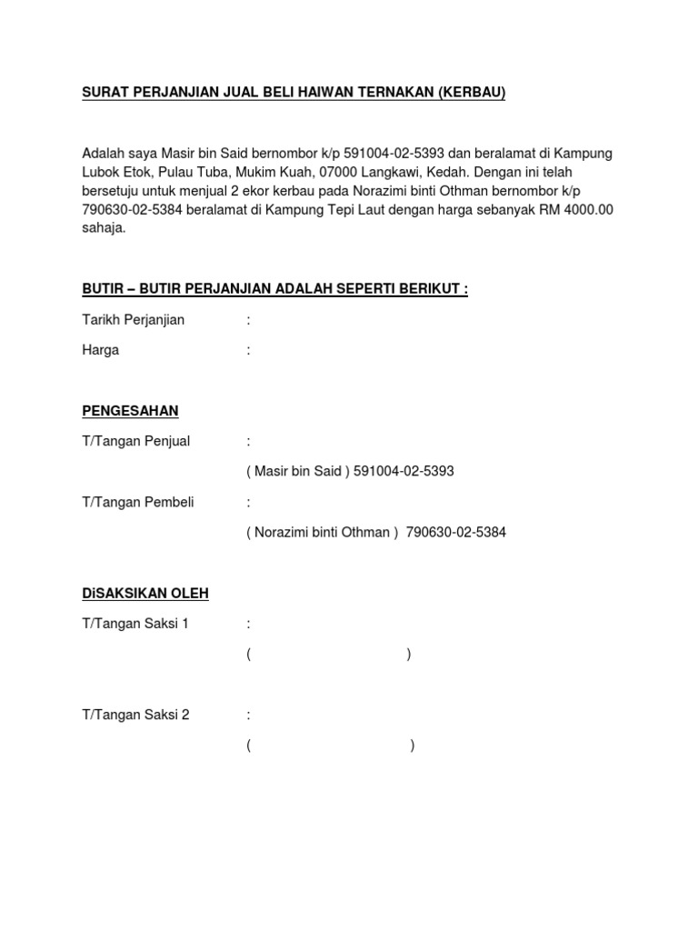 Surat Perjanjian Jual Beli Haiwan Ternakan Pdf