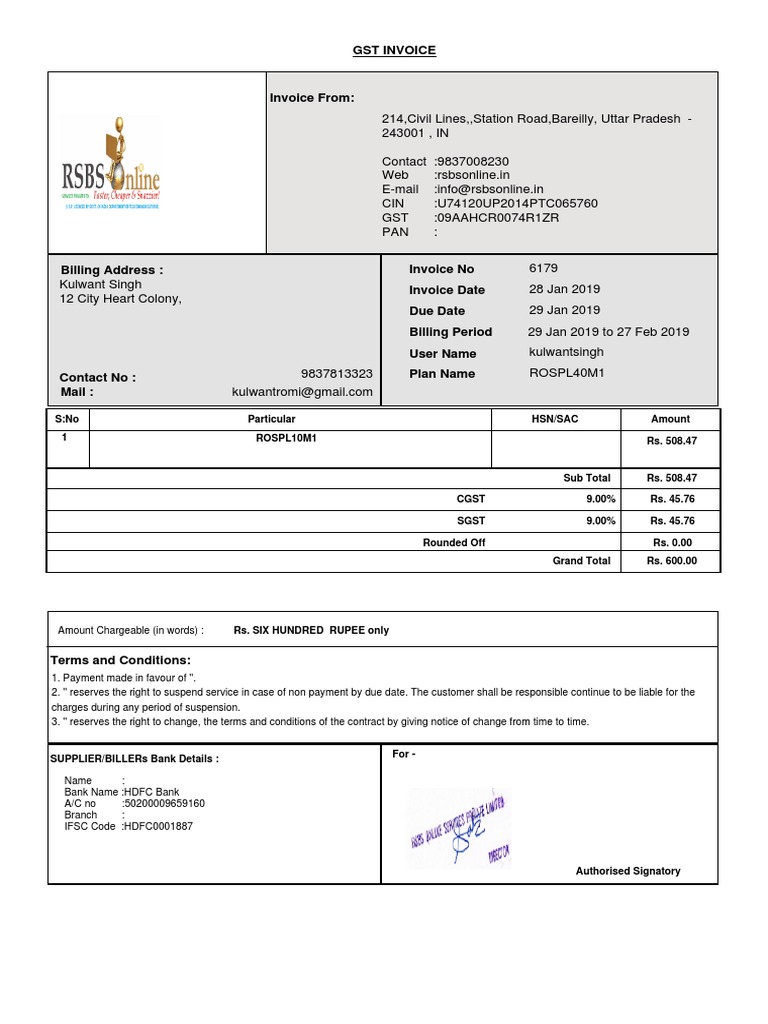 GST Invoice: Amount Particular S:No Hsn/Sac Rs. 508.47 1 ROSPL10M1 ...