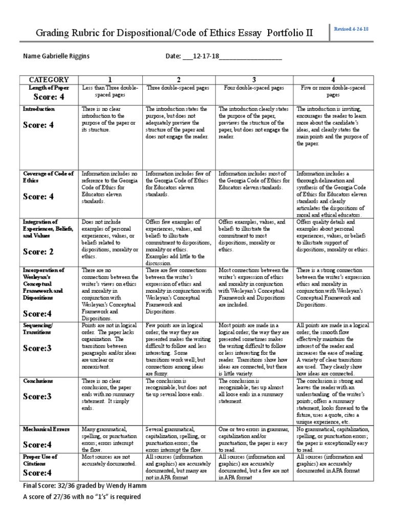 Dispositional Essay Rubric Gabrielle Riggins | PDF | Rubric (Academic ...