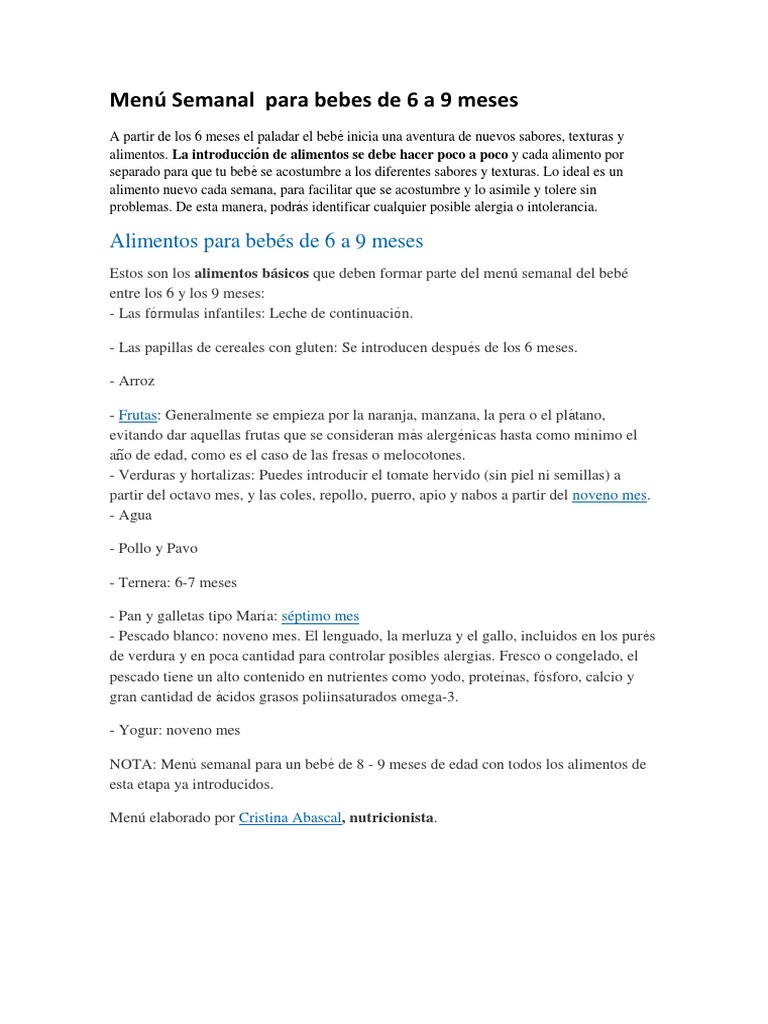 Menu Semanal Para Bebes De 6 A 9 Meses Elena Pdf Pescado Como Alimento Alimentos