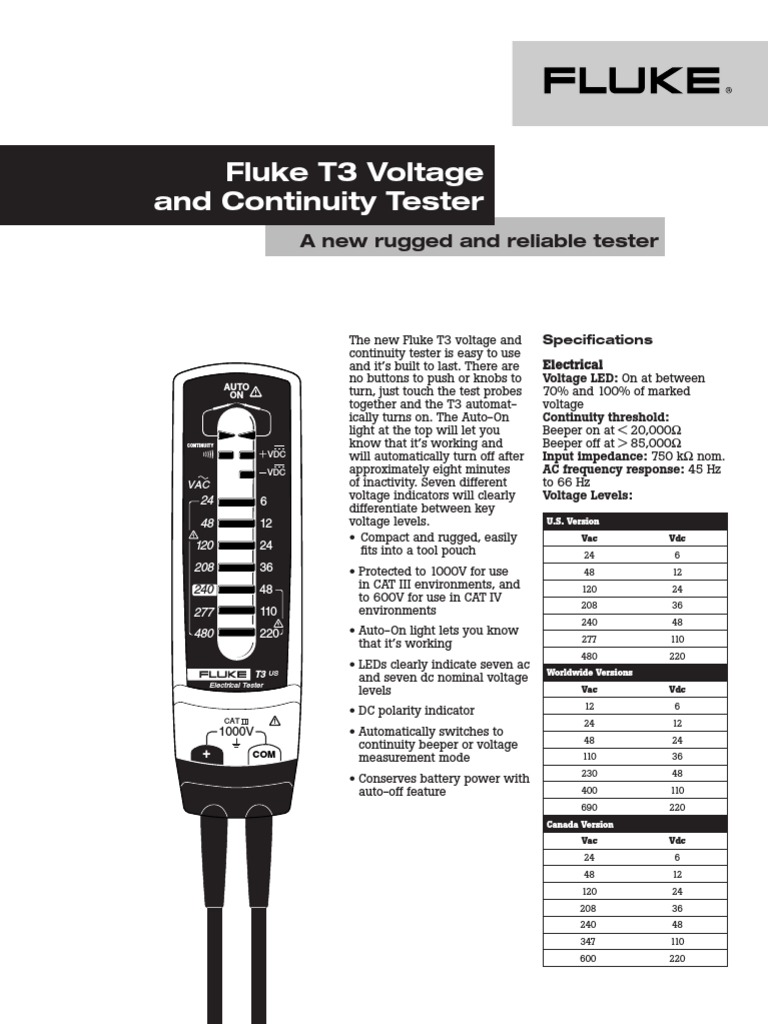 Fluke T3 Voltage and Continuity Tester PDF Alternating Current