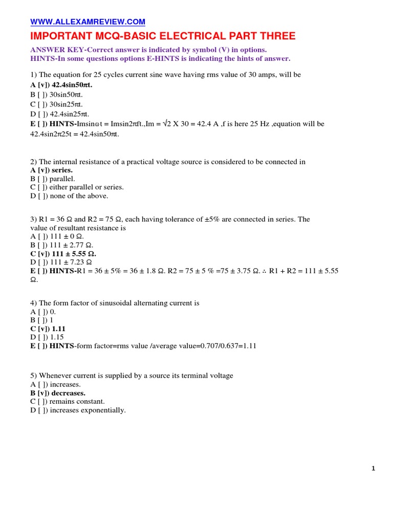 Important McqBasic Electrical Part Three PDF Electrical Network