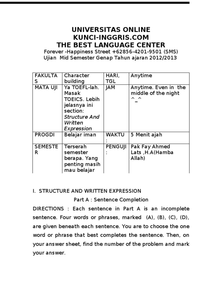 Soal Toefl Gratis