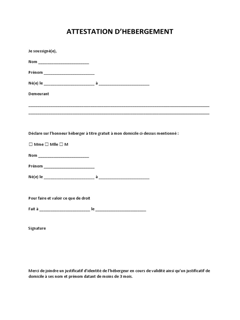 Modèle Attestation D Hébergement Pour Visa étudiant Word