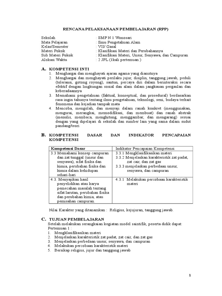 Rpp Ipa Klasifikasi Materi 1 Materi Unsur Senyawa Campuran