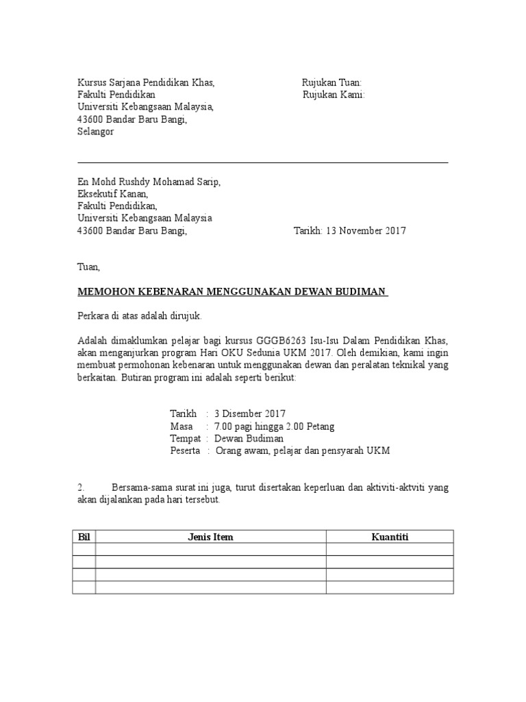 Surat Permohonan Guna Dewan Contoh surat Permohonan