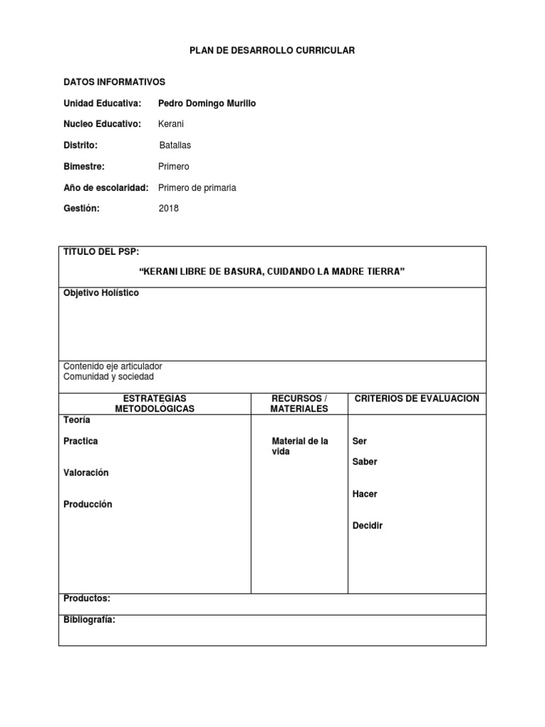 Formato PDC 2025 para Primaria en Bolivia | PDF