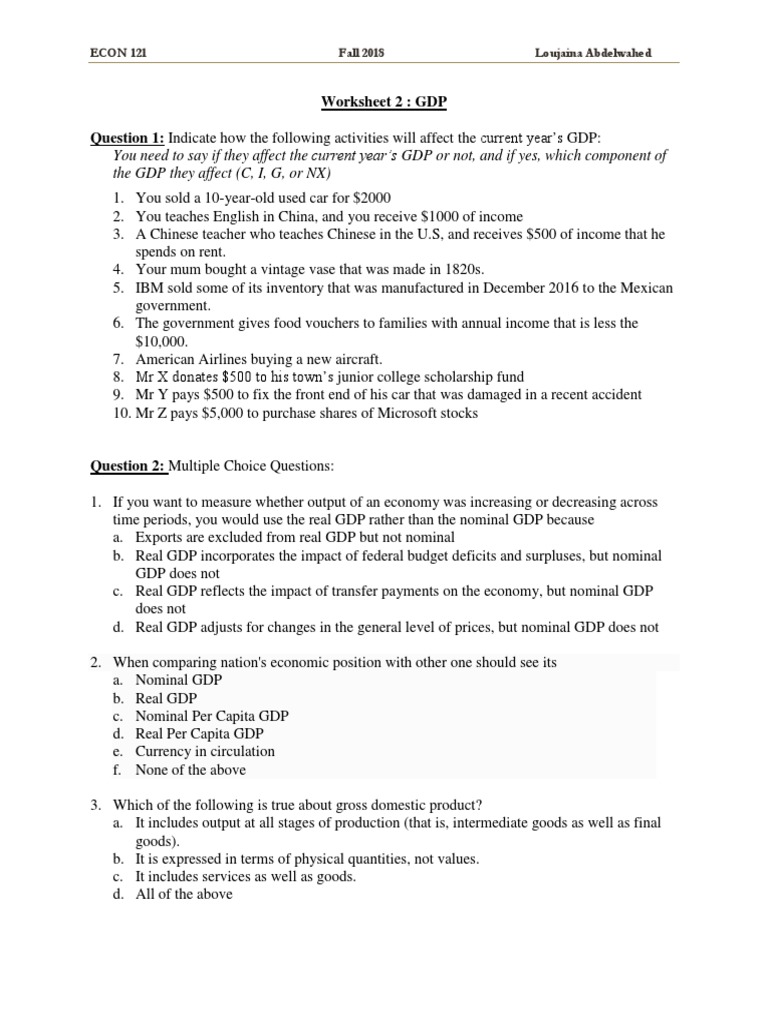 Worksheet GDP PDF Gross Domestic Product Macroeconomics