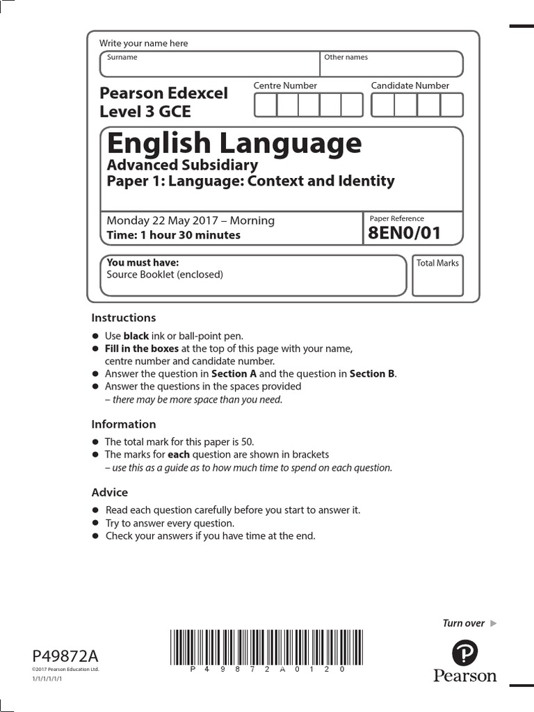English Language: Pearson Edexcel Level 3 GCE | PDF | Question | Human ...