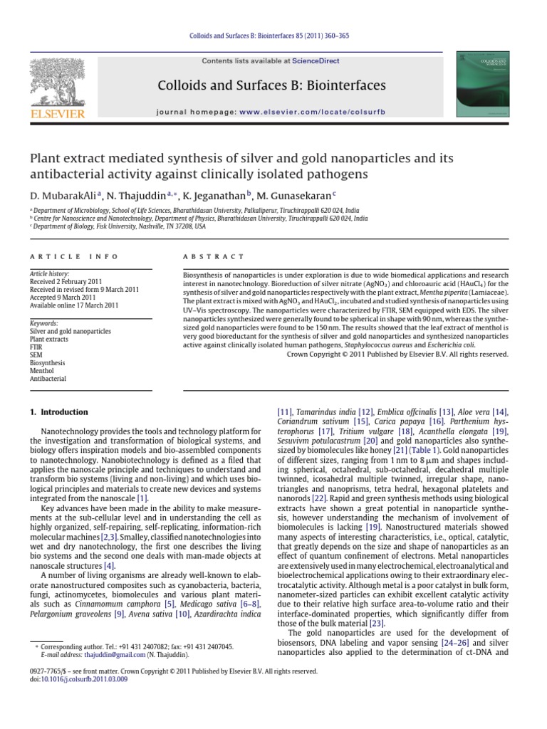 Plant Extract Mediated Synthesis of Silver and Gold Nanoparticles and ...