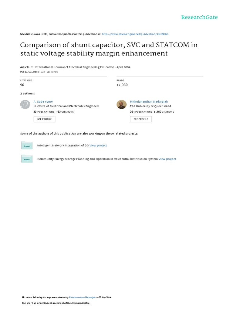 Comparison of Shunt Capacitor, SVC, and STATCOM for Enhancing Static ...