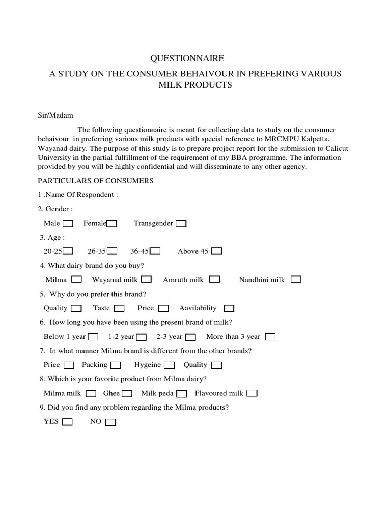 Questionnaire A Study On The Consumer Behaivour in Prefering Various