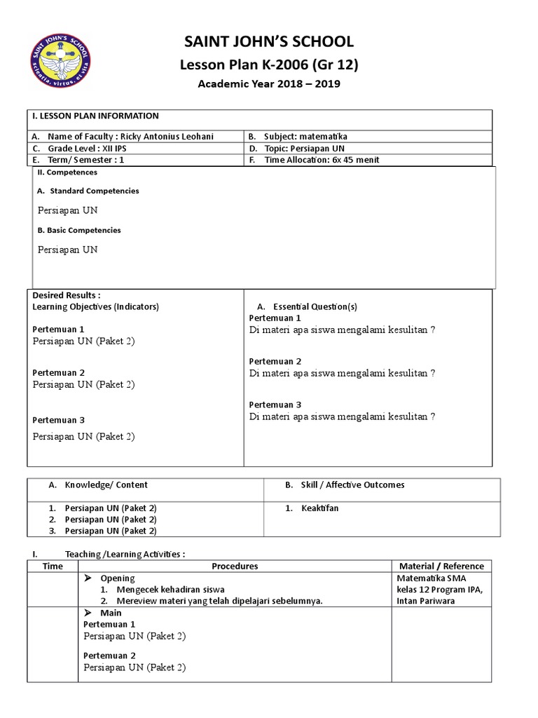 Grade 12 Math UN Preparation Plan | PDF | Lesson Plan | Educational ...