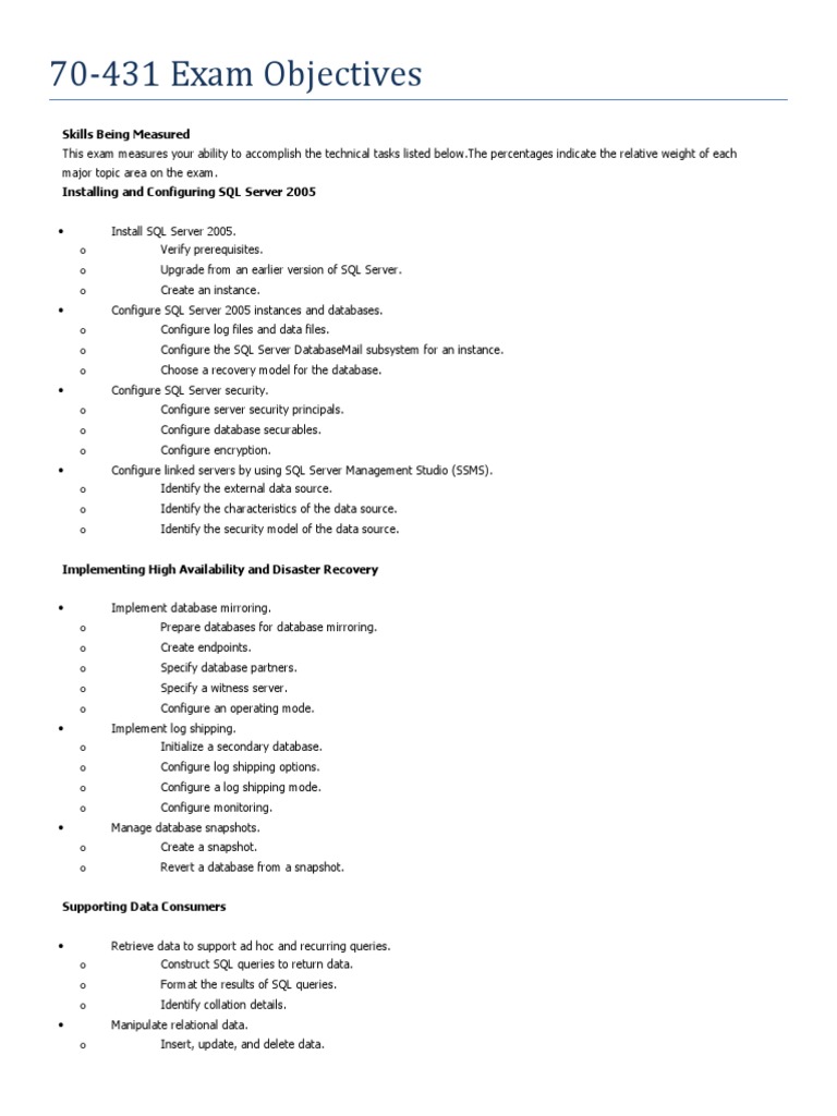 70-431 SQL Server Exam Objectives | PDF | Microsoft Sql Server ...