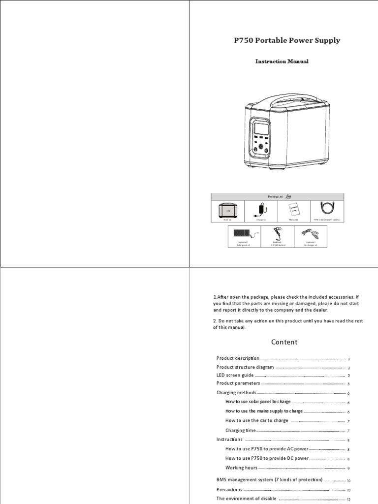 P750 Portable Power Supply Instruction Manual PDF Battery Charger