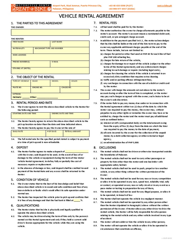 Vehicle Rental Agreement Template | PDF | Renting | Fee