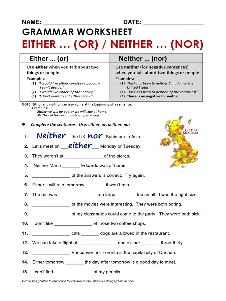 Neither Or Either Worksheet Pdf Grammatical Number Verb