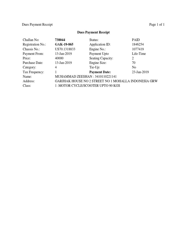 Dues Payment Receipt Page 1 of 1 444444 | PDF
