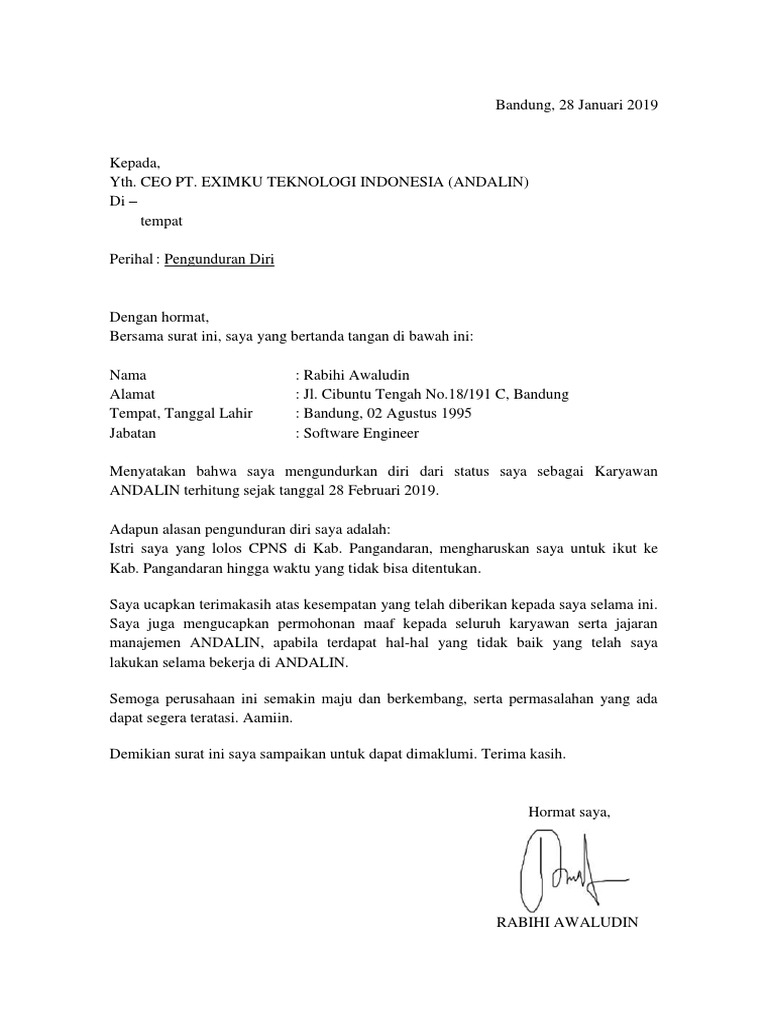 Contoh Surat Resign Hotel One Month Notice Terbaru