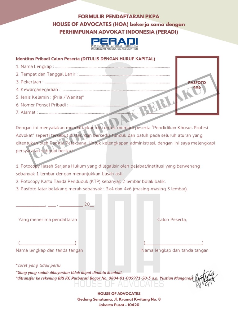 Contoh Lembaran Registrasi Pkpa (Tidak Berlaku) | PDF