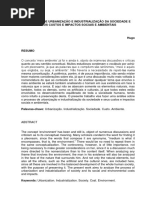 Processo de Urbanização e Industrialização Da Sociedade e Seus Custos e Impactos Sociais e Ambientais