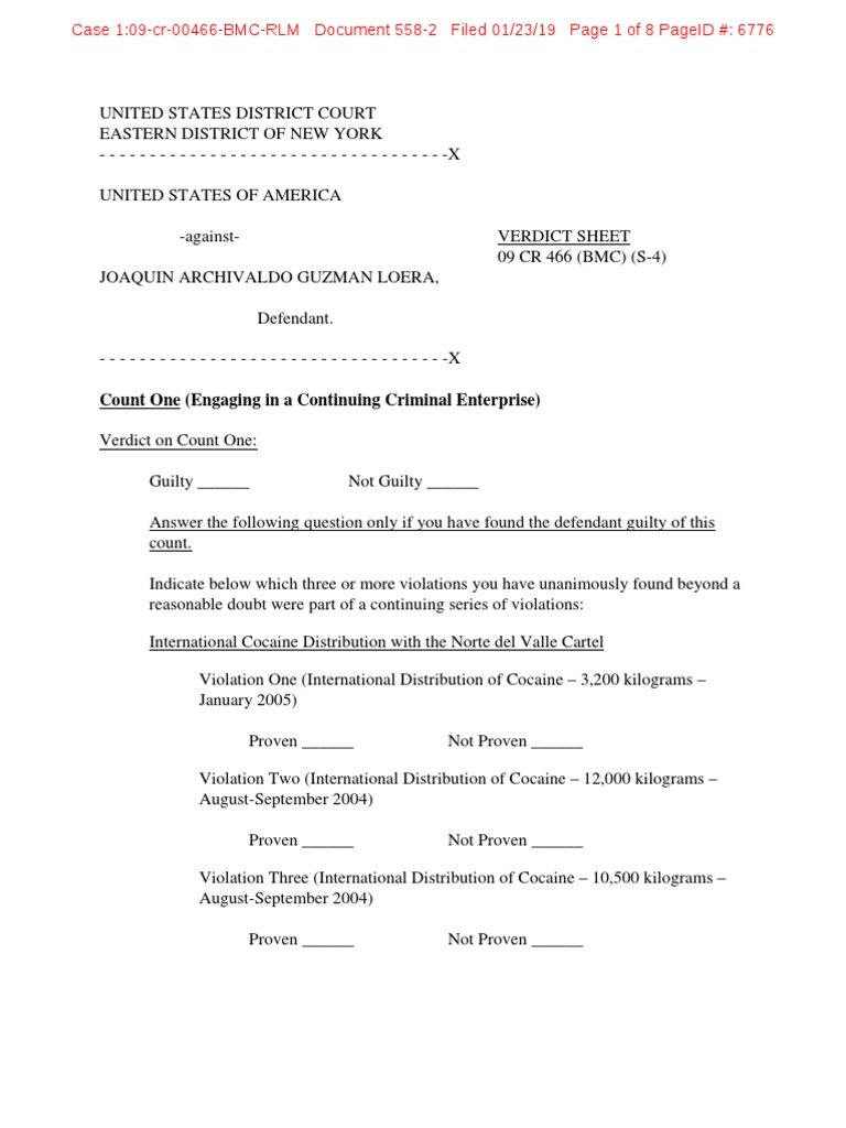 El Chapo Trial Verdict Sheet Final Pdf Acquittal Reasonable Doubt