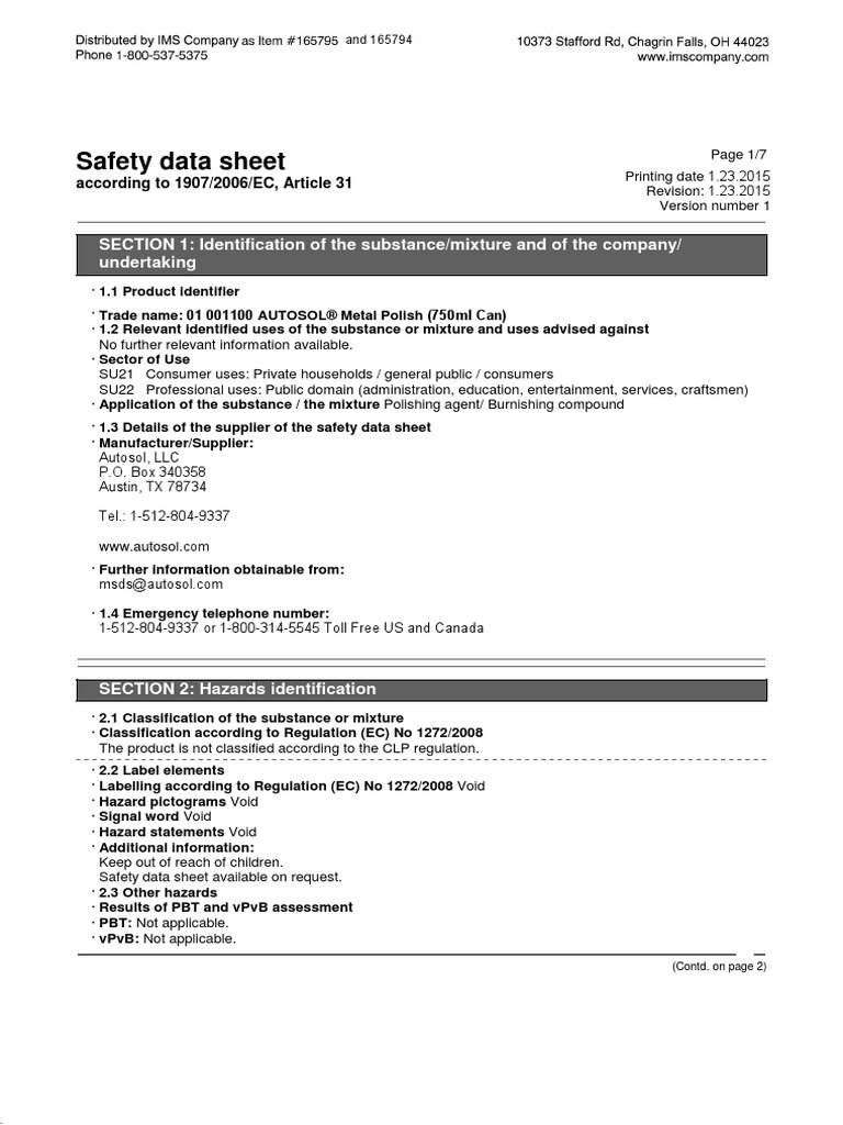 AUTOSOL Metal Polish PDF Toxicity Dangerous Goods