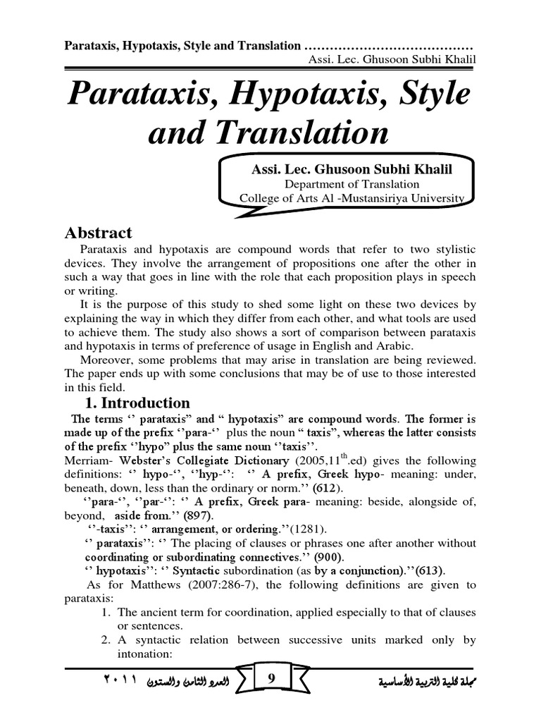 Parataxis, Hypotaxis, Style and Translation | PDF | Translations ...