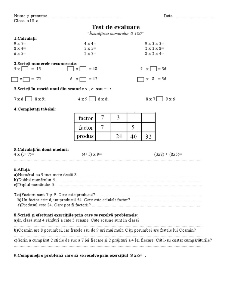 Teste Evaluare Matematica Cl 3