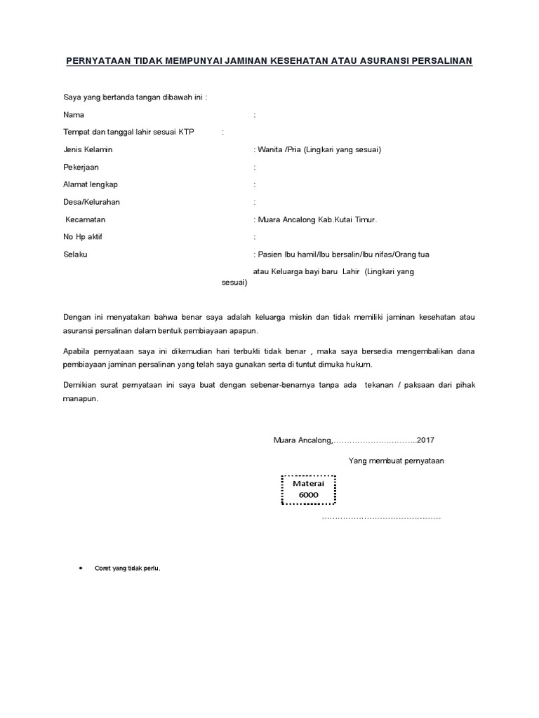 Pernyataan Tidak Mempunyai Jaminan Kesehatan Atau Asuransi Persalinan Pdf