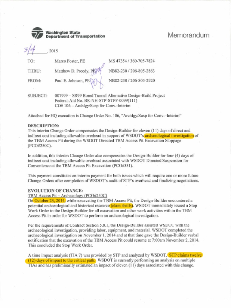WSDOT Change Order For Archaeological Investigation | PDF