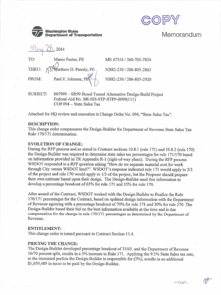 WSDOT Change Order For State Sales Tax Increases | PDF