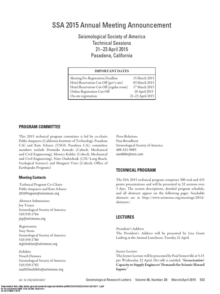 SSA Annual Meeting PDF Seismology Earthquakes