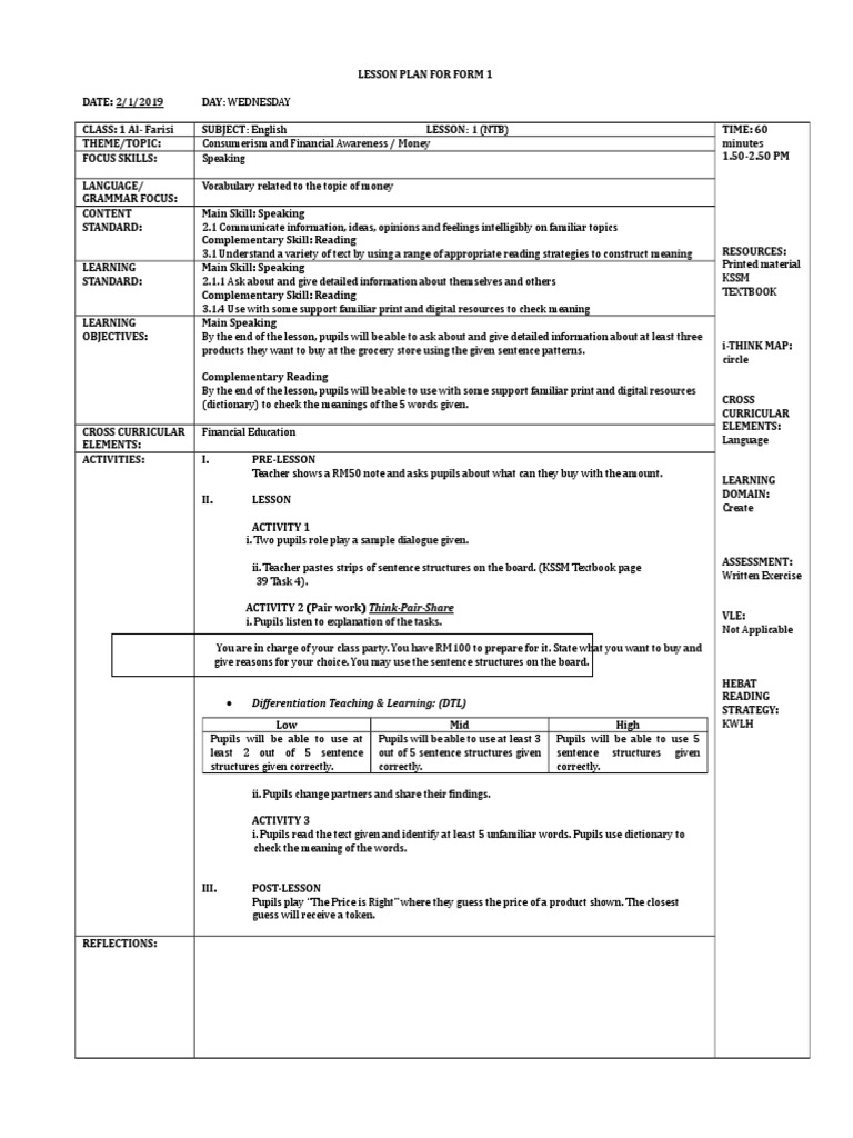 Lesson Plan Lesson Plan Reading Process