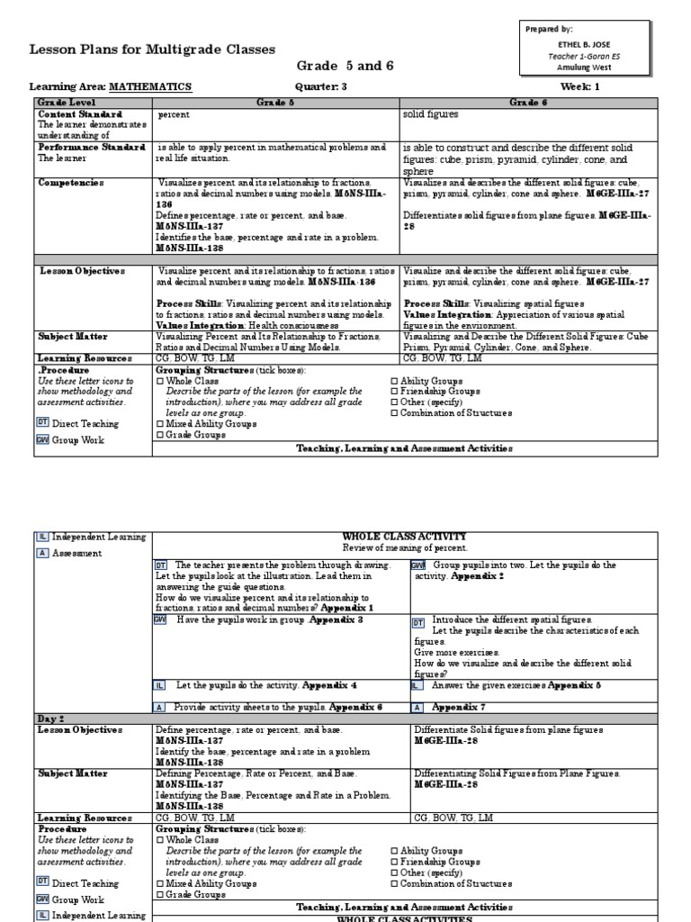 Multigrade Math Lesson Plans: Percent & Solids | PDF | Percentage ...