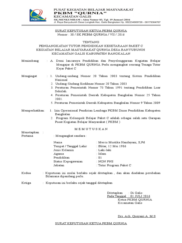 Sk Pengangkatan Pkbm 2018 Doc