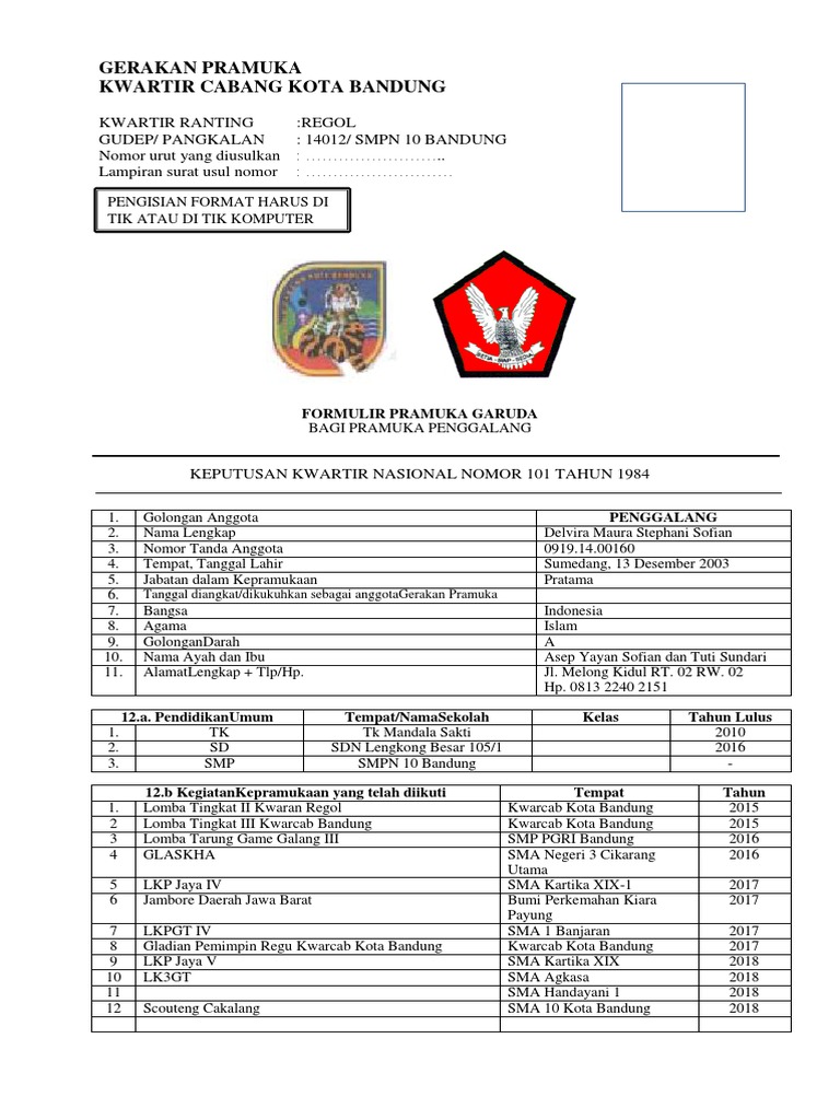 Fofmulir Pramuka Garuda Delvira Maura Stephani Sofian 1 Pdf