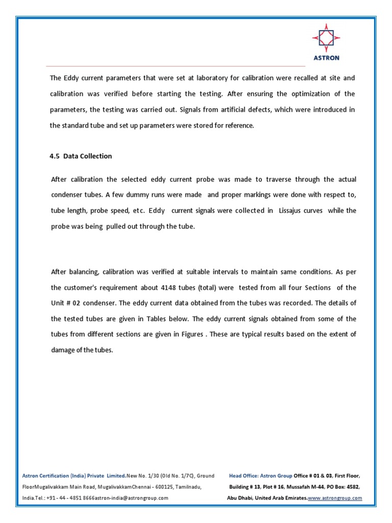 Eddy Current Testing Report for Condenser Tubes in Unit 02 Data Collection, Analysis, and Tube