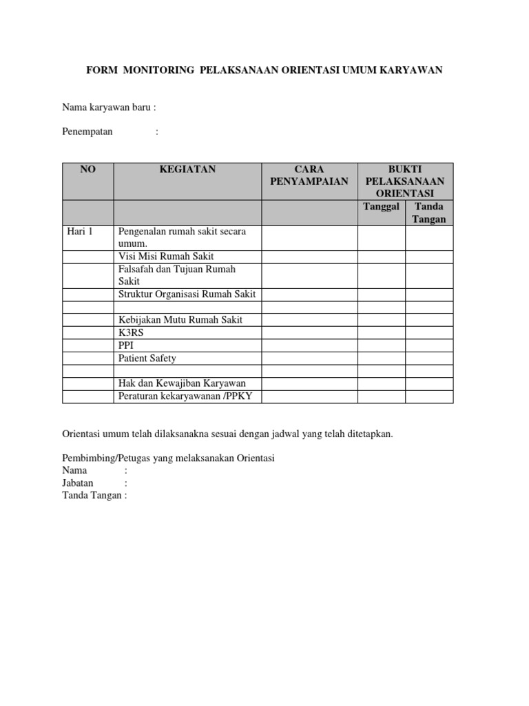 Form Monitoring Pelaksanaan Orientasi Umum Karyawan | PDF