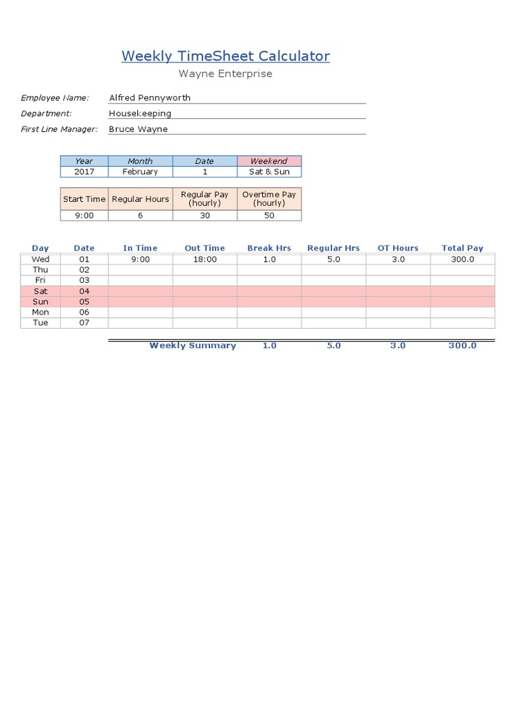 Weekly TimeSheet Calculator Template | PDF | Batman | Working Time