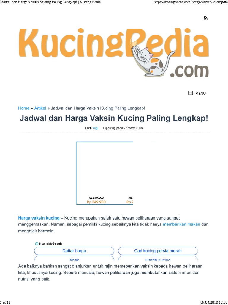 Jadwal Dan Harga Vaksin Kucing Paling Lengkap Kucing Pedia Pdf