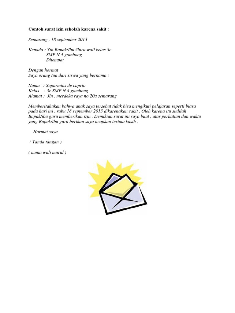 Contoh Surat Izin Sakit Untuk Sekolah Smp
